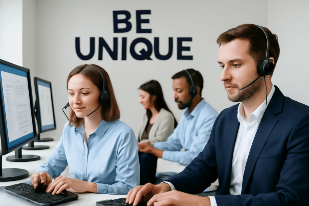 تماس با بی یونیک | تیم پشتیبانی بی‌یو‌نیک در حال ارائه خدمات پشتیبانی آنلاین، آماده پاسخگویی به مشتریان و حل مشکلات در یک محیط کاری مدرن