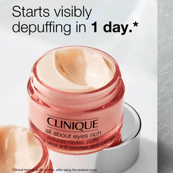 کرم دور چشم کلینیک آل اباوت آیز ریچ (Clinique All About Eyes™ Rich) 4 اینفوگرافیک کرم دور چشم کلینیک All About Eyes Rich آغاز کاهش پف در ۱ روز نمای شیشه کرم