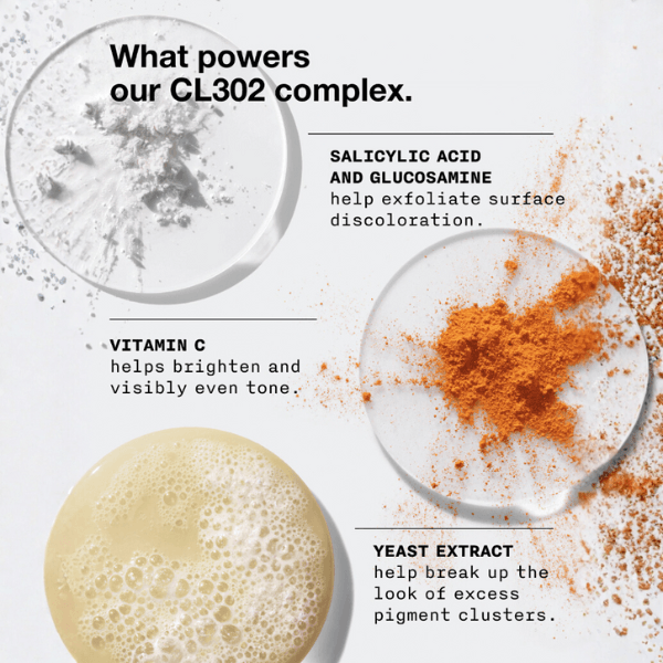 سرم ضد لک قوی کلینیک (Clinique Even Better Clinical) | روشن کننده و از بین برنده تیرگی 5 اینفوگرافیک ترکیبات کلیدی کمپلکس CL302 سرم ضدلک کلینیک: سالیسیلیک اسید و گلوکزامین برای لایهبرداری، ویتامین C برای روشنکنندگی، عصاره مخمر برای کاهش تجمع پیگمنت