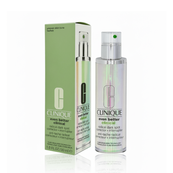 سرم ضد لک قوی کلینیک (Clinique Even Better Clinical) | روشن کننده و از بین برنده تیرگی 3 سرم ضدلک کلینیک Even Better Clinical به همراه جعبه سبز؛ بطری ۳۰ میلیلیتر روی پسزمینه سفید