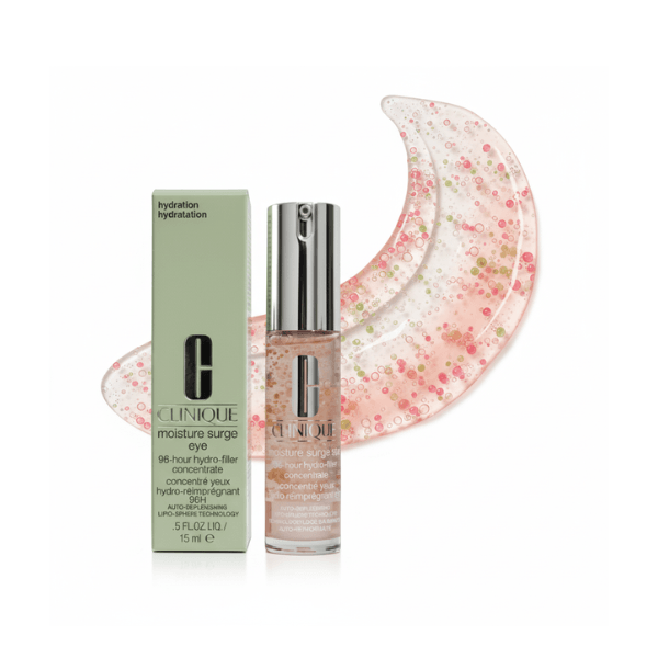 کنسانتره دور چشم Moisture Surge Eye™ 96-Hour Hydro-Filler کلینیک 3 کنسانتره دور چشم کلینیک Moisture Surge Eye 96-Hour Hydro-Filler ۱۵ میلیلیتر بههمراه جعبه و بافت ژلی با ذرات صورتی و سبز