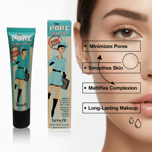 پرایمر محو کننده منافذ بنفیت (Benefit The POREfessional) | صاف کننده پوست و فیکس کننده آرایش 2 نمایش تأثیر پرایمر بنفیت The POREfessional در کاهش منافذ و صاف کردن پوست صورت